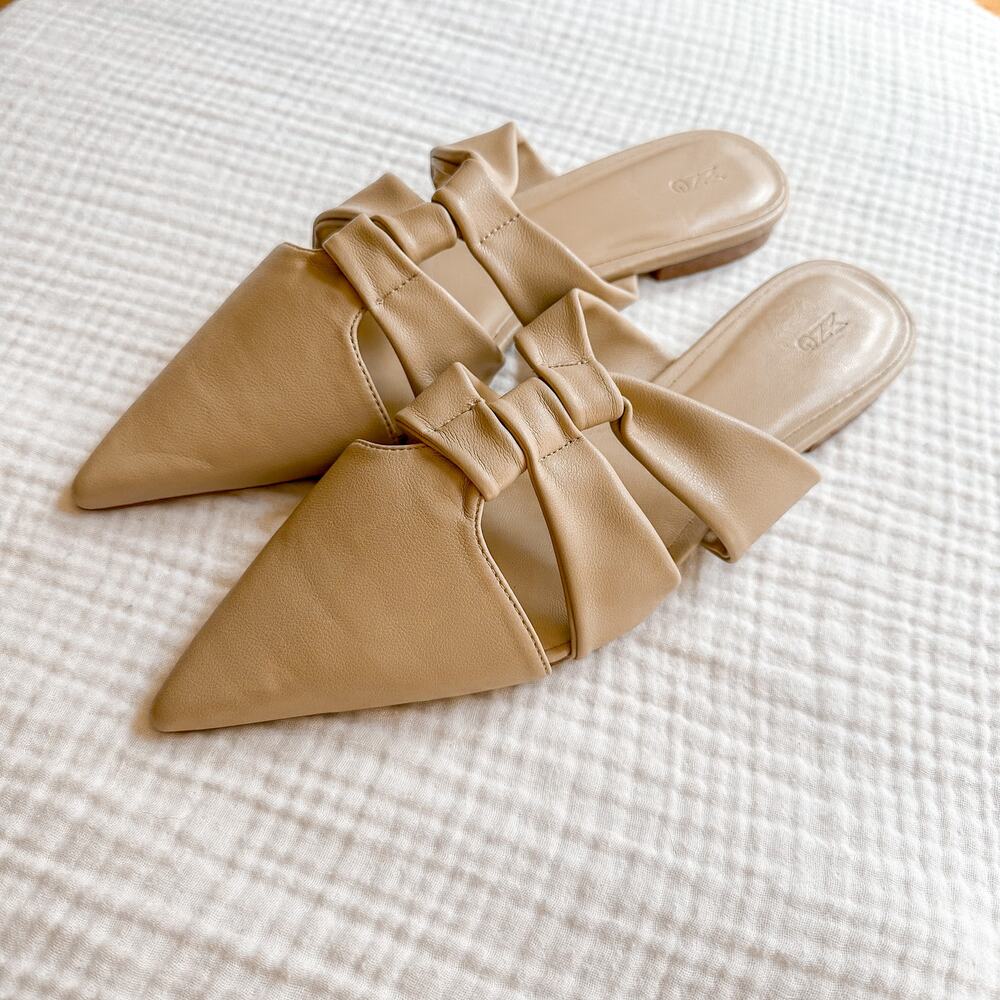 Mango MNG Leather Knotted Pointed Toe Flats Mules NEW 7.5